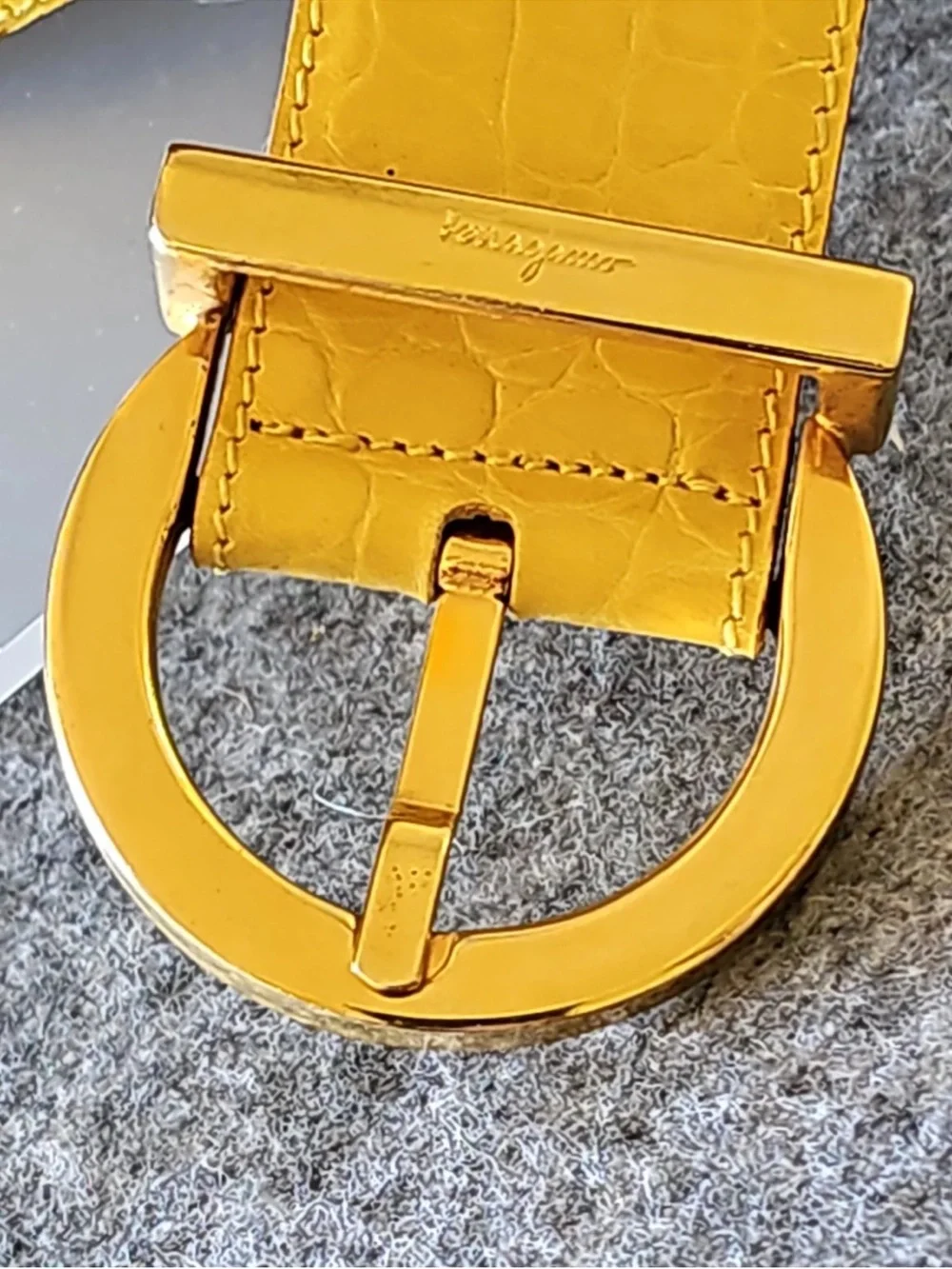 Salvatore Ferragamo Yellow Croc-Embossed Leather Belt with Gold Gancini Buckle